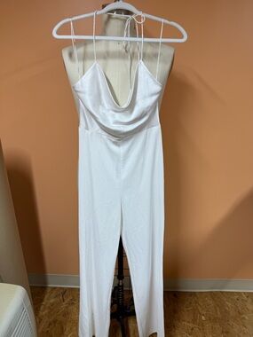Alice + Olivia Ivory Satin Cowl-Neck Jumpsuit